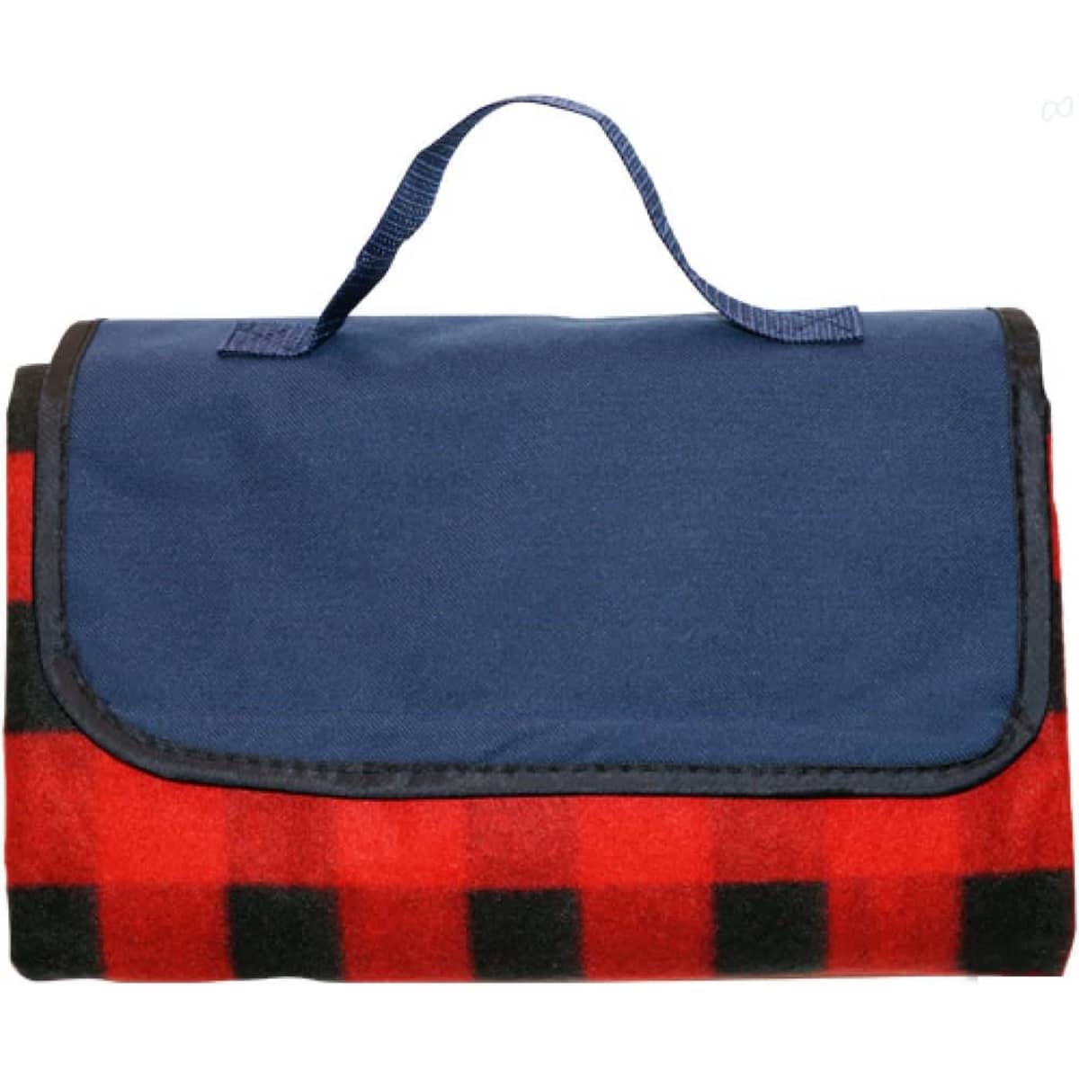 A red and black checked picnic blanket folded with a blue cover and a carry handle on top. It features a logo.