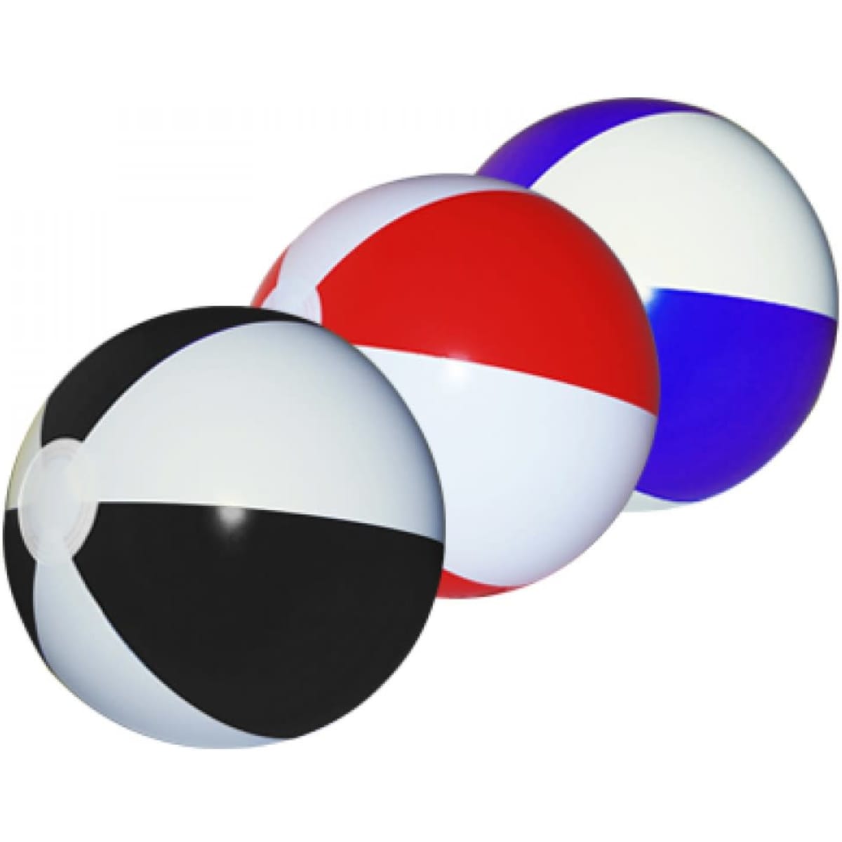 Large beach balls in red, white, blue, and black with a glossy finish and a logo on one.