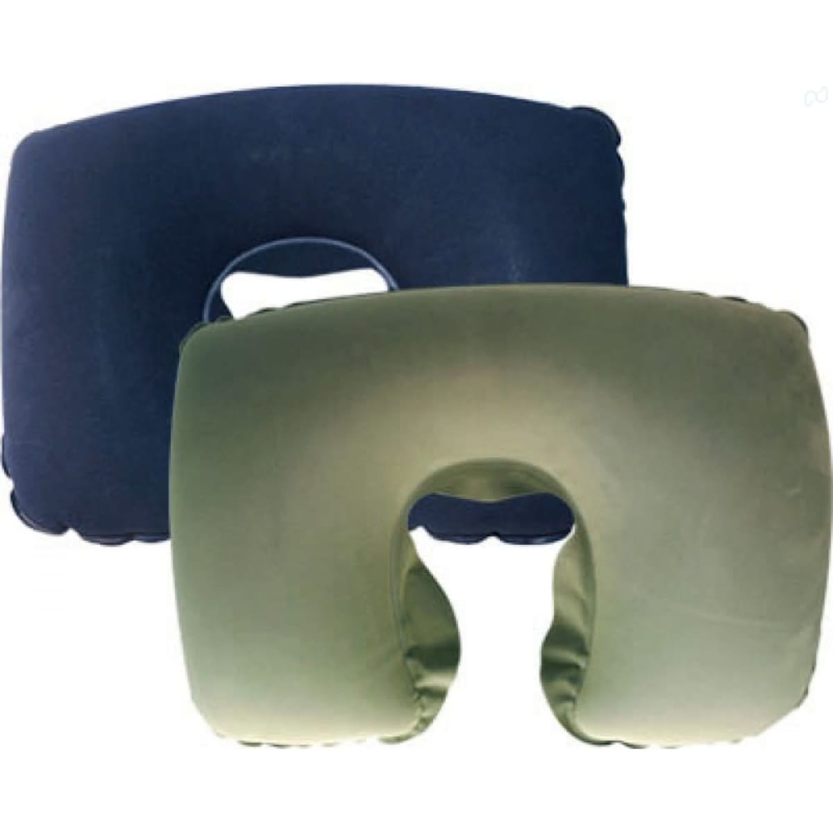 Two inflatable neck pillows in navy and olive green with a cut-out for the neck and a branded logo.