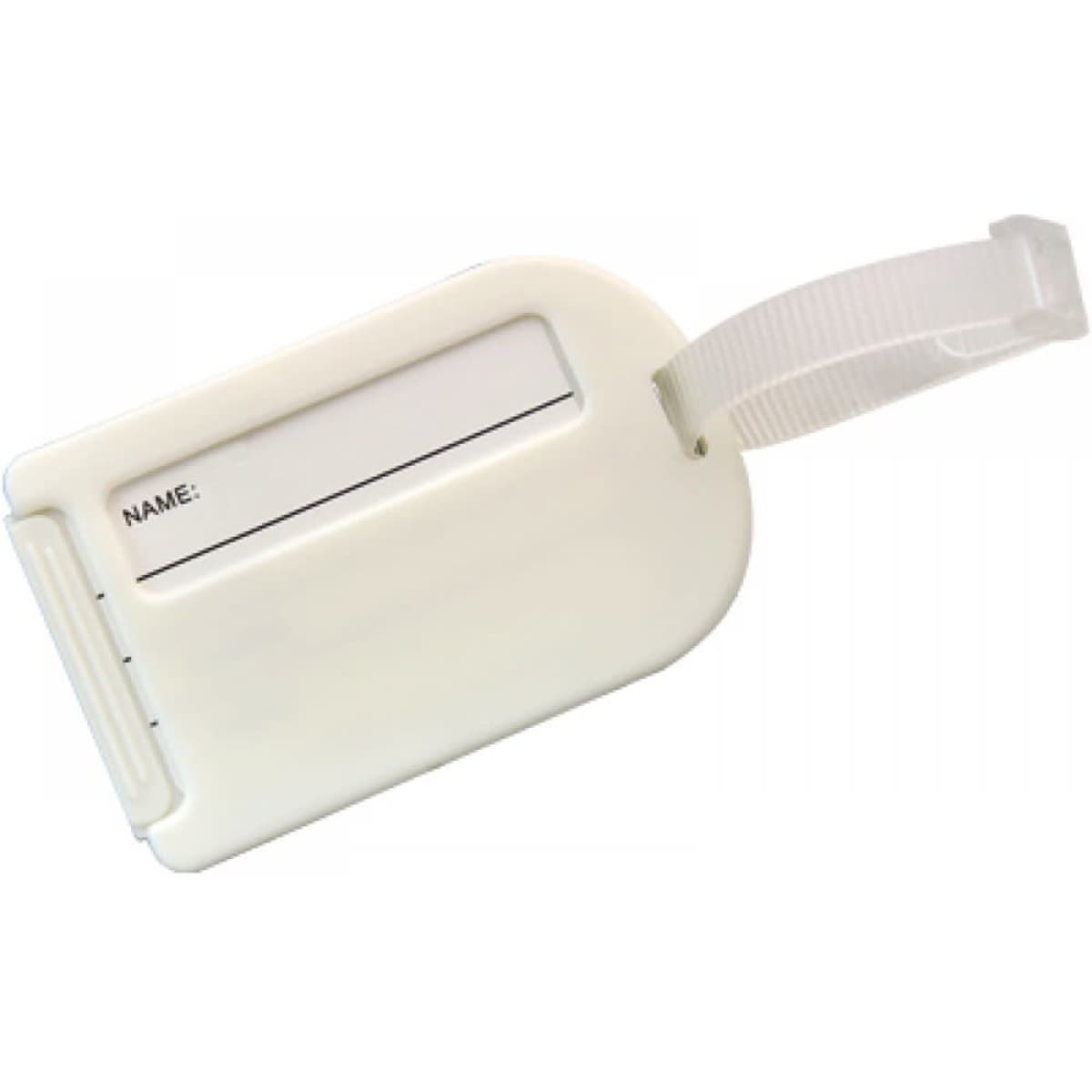 A white luggage tag with a clear strap and a blank line for name input. It has a simple, functional design.