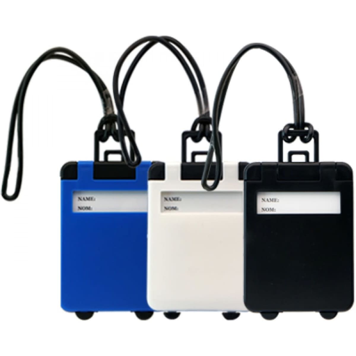 A set of three luggage tags in blue, white, and black, each with a transparent window for names and a strap.