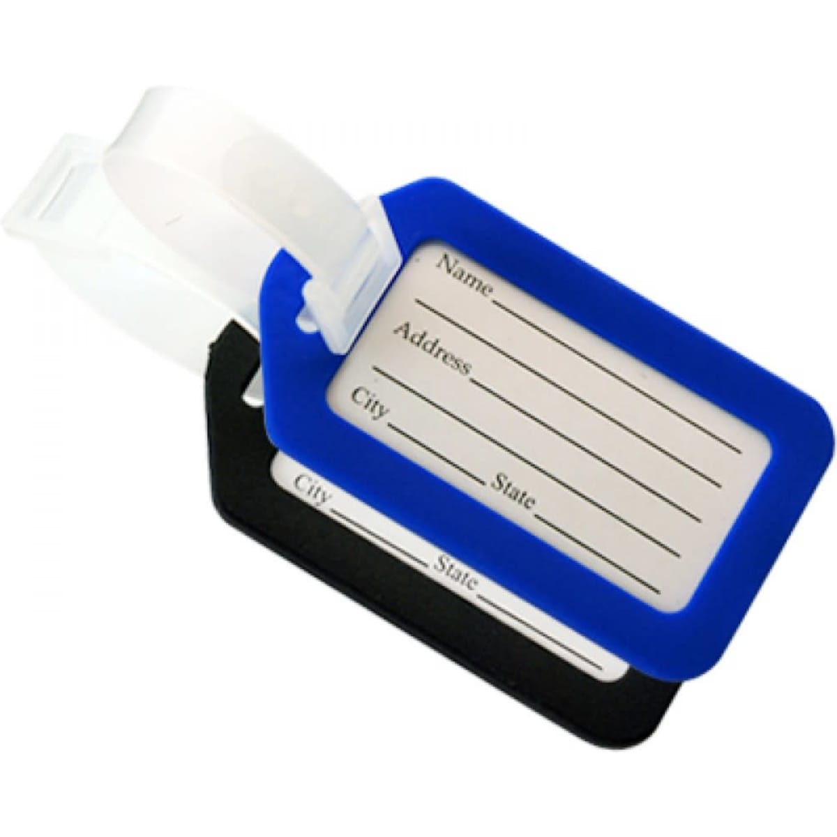 A luggage tag set in blue and black, featuring a clear plastic strap and space for personal details.
