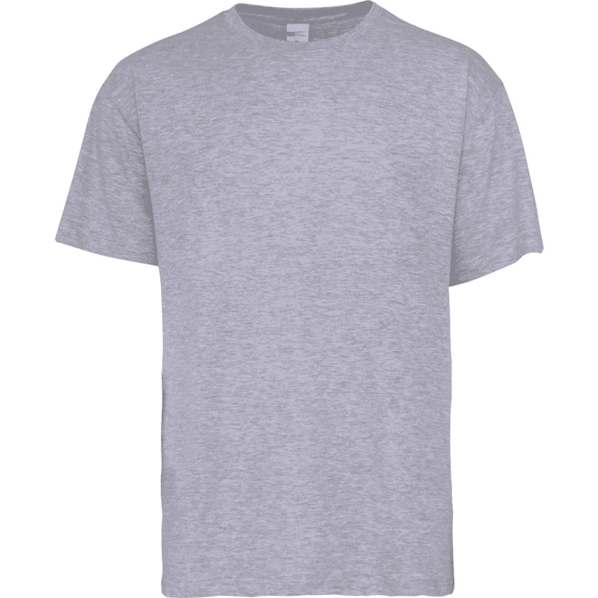 A grey T-shirt with a crew neck and short sleeves. The fabric has a textured appearance.