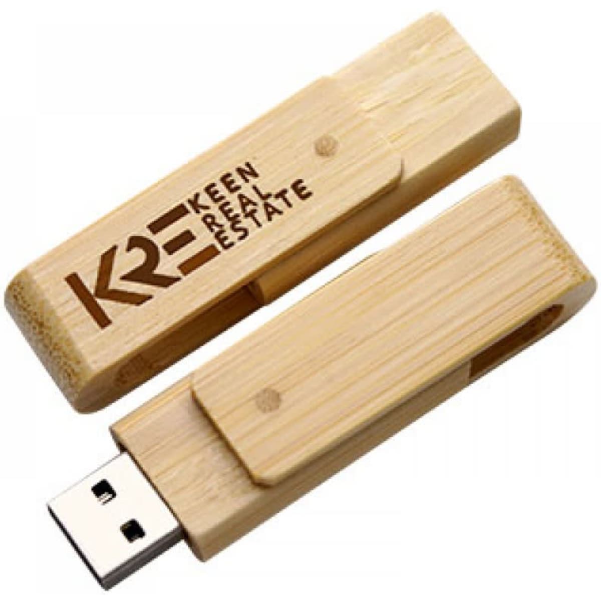 A bamboo USB flash drive in natural tones, featuring a branding logo on the side. It has an 8GB capacity.