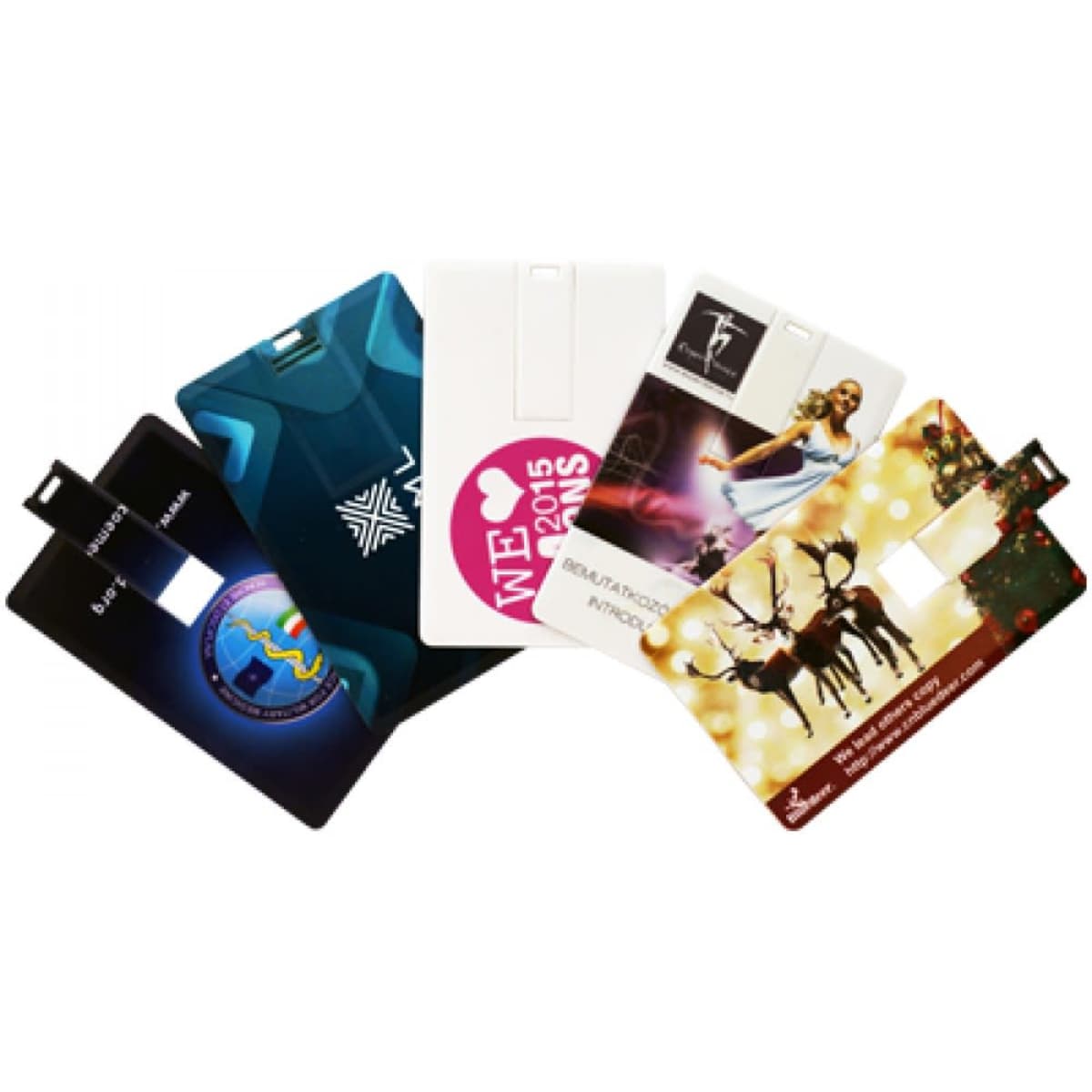 A collection of colourful USB cards in various designs, showcasing different patterns and artwork.