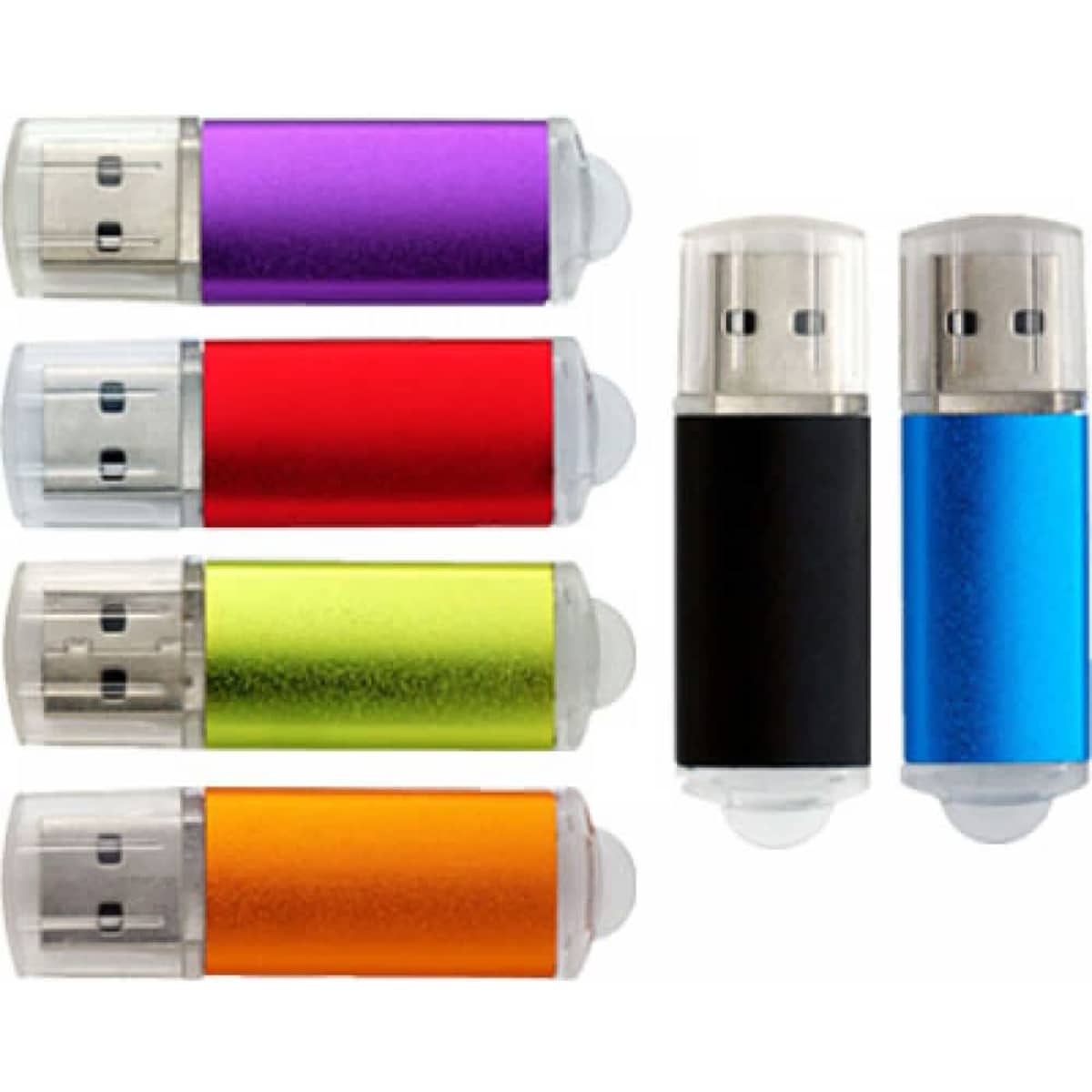 A collection of Flash USB 2.0 drives in purple, red, green, orange, black, and blue, each with a clear cap and logo.
