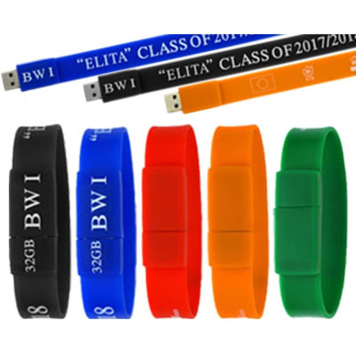 A selection of colourful wristband USB 2.0 devices in black, blue, red, orange, green, and with various branding.