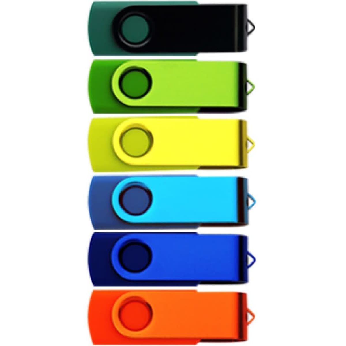 A set of six swivel flash USB 2.0 drives in black, green, yellow, blue, and navy blue, featuring a logo.