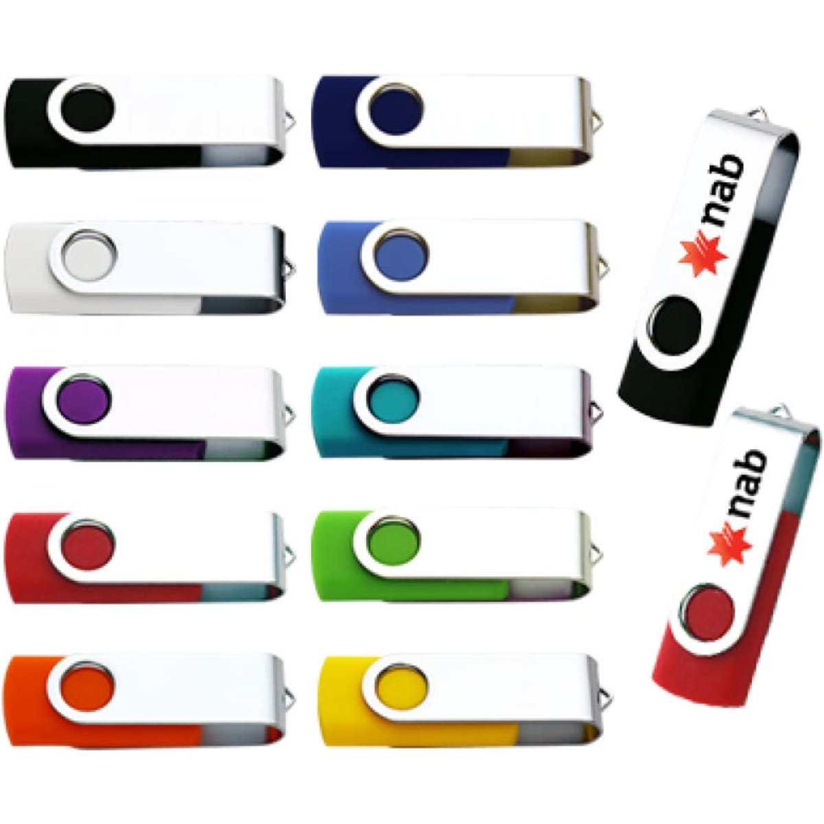 A collection of twelve swivel flash USB 2.0 drives in various colours, featuring a logo on some of them.