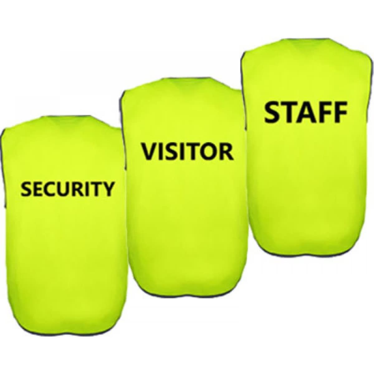 Three bright yellow Hi-Vis safety vests with black text labels: "SECURITY," "VISITOR," and "STAFF."
