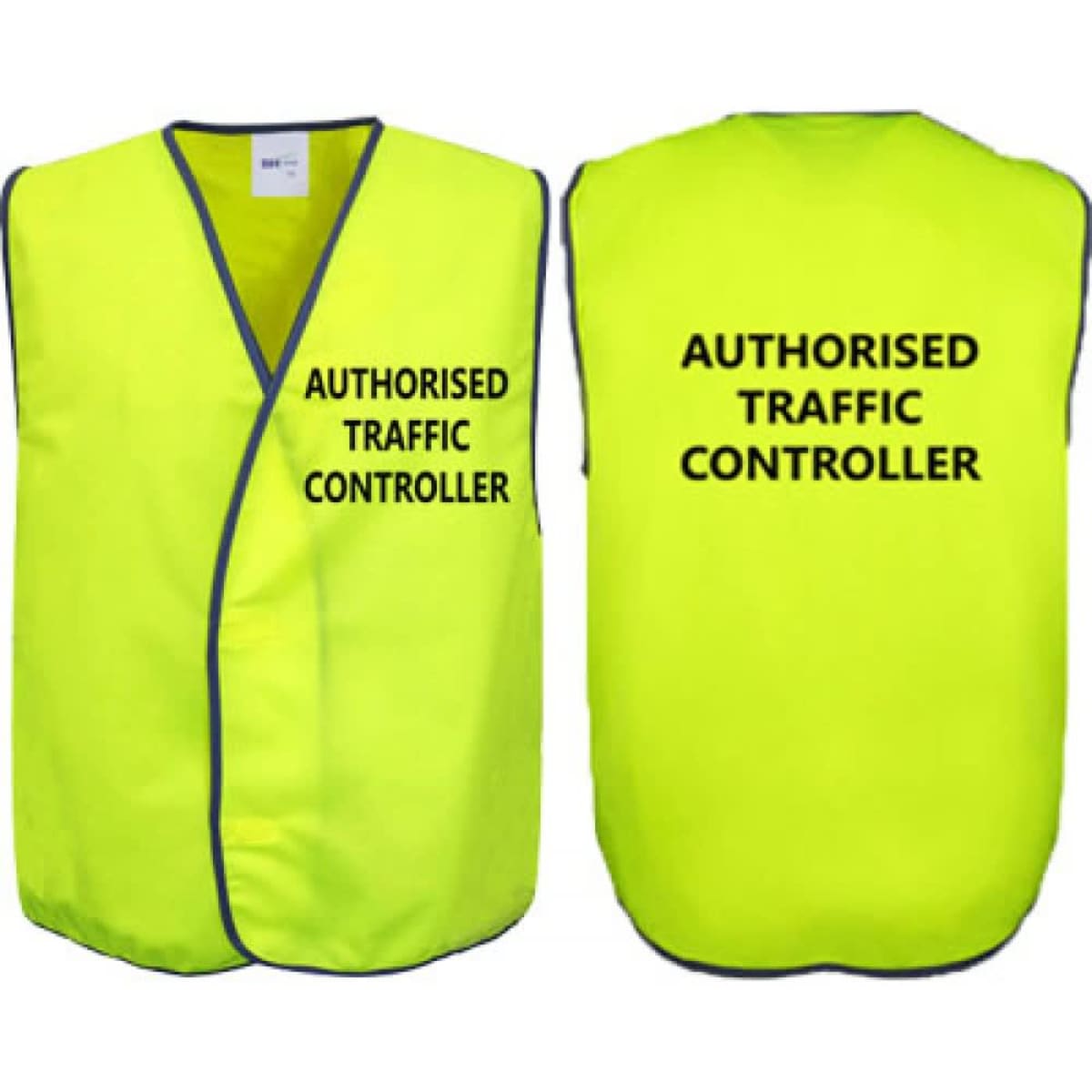 A bright yellow Hi-Vis safety vest with black trim, featuring a logo on the front and text on both sides.