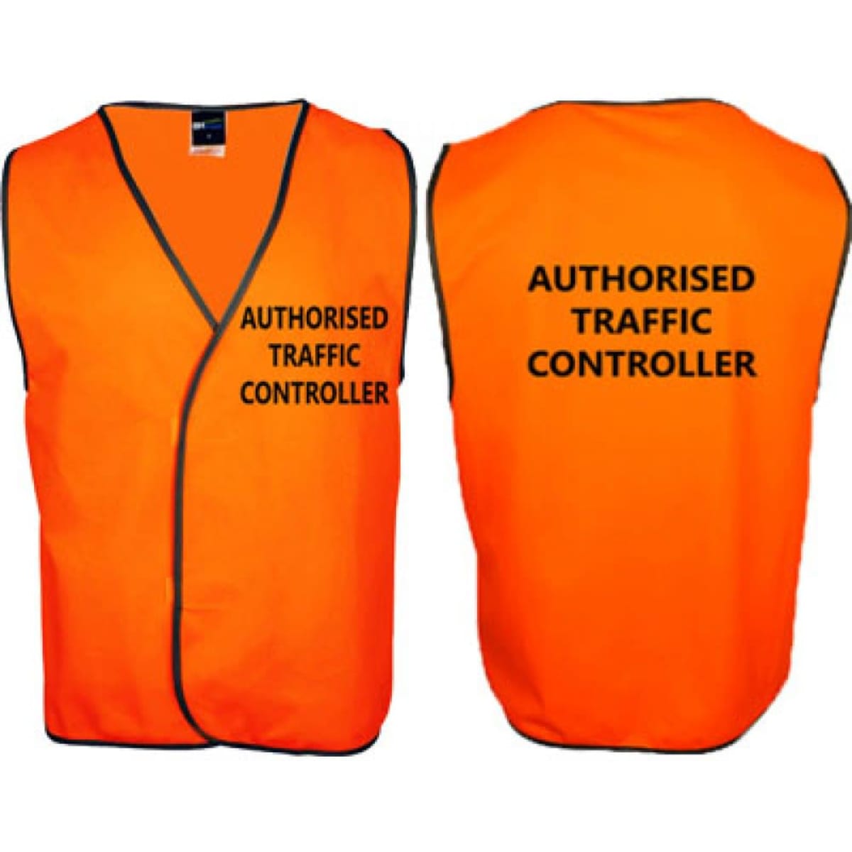 A Hi-Vis safety vest in bright orange with contrasting trim, featuring a logo on the front and back.