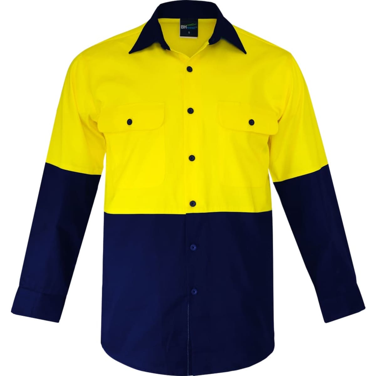 A yellow and navy blue work shirt with long sleeves and two chest pockets, featuring a logo.