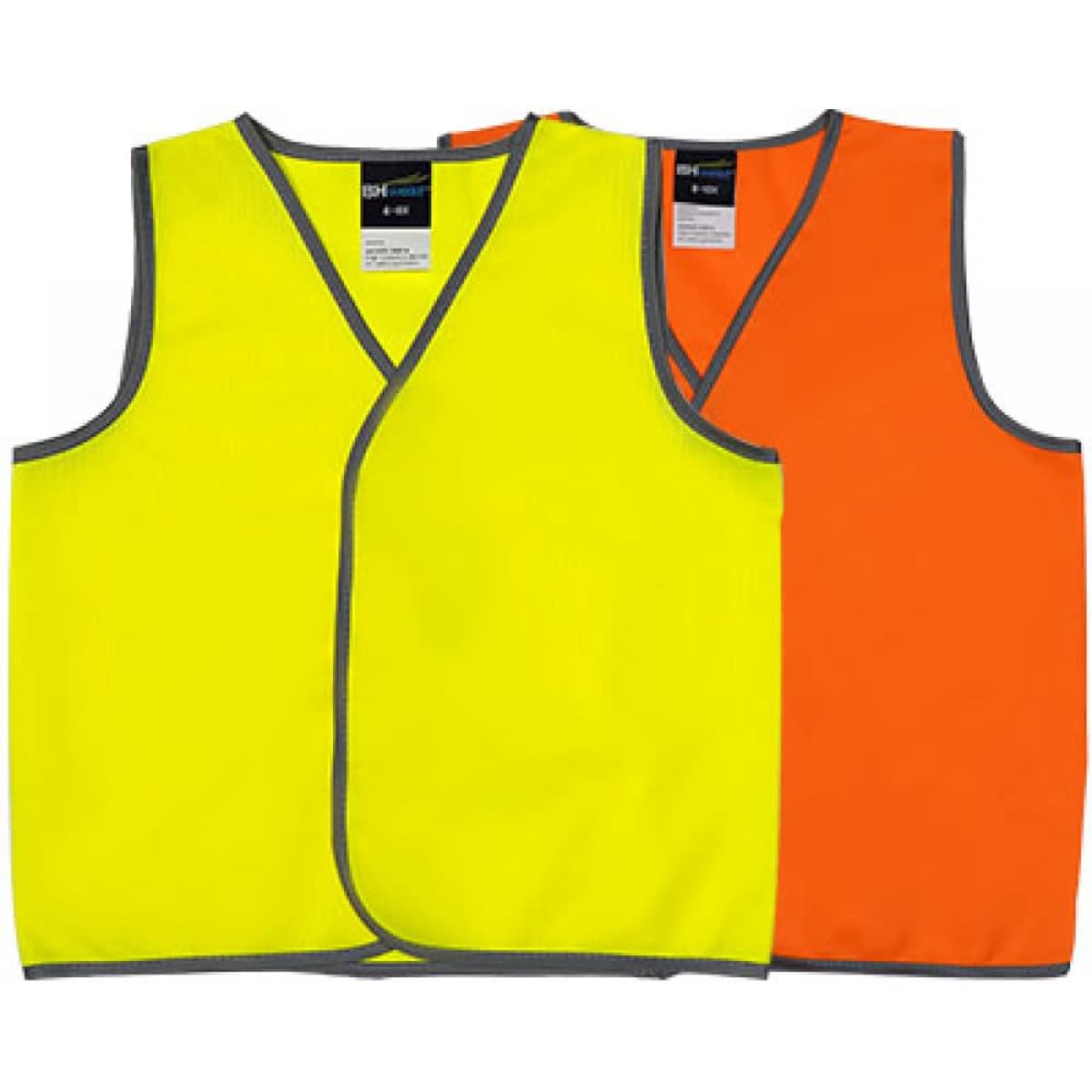 A bright yellow and orange hi-vis vest with grey trim. The vest features a logo.