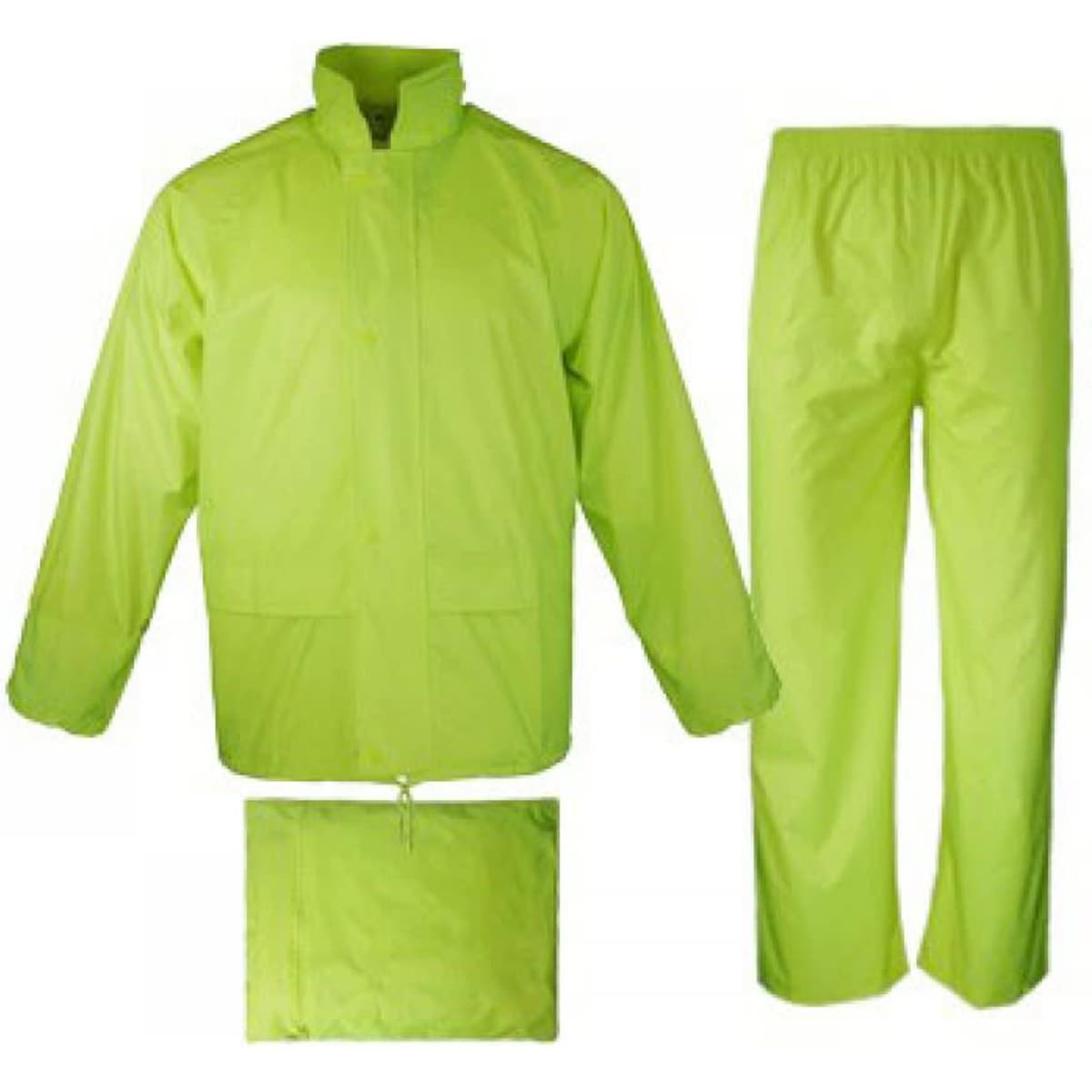 A bright lime green rain jacket and pant set, with a matching storage pouch included.