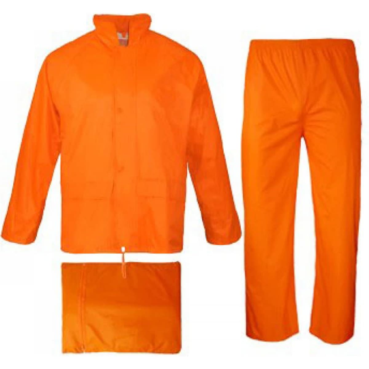 An orange rain jacket and pant set, featuring a hooded jacket and elasticated waist pants, folded neatly.