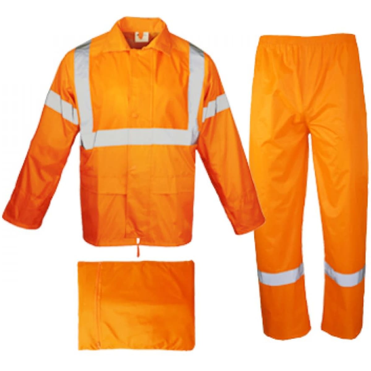A rain jacket and pant set in bright orange with reflective stripes, featuring a packable design.