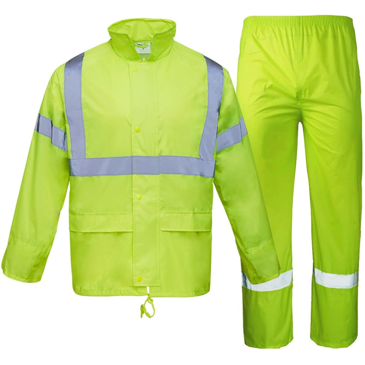 A rain jacket and pant set in high visibility bright yellow with reflective strips and an adjustable hood.