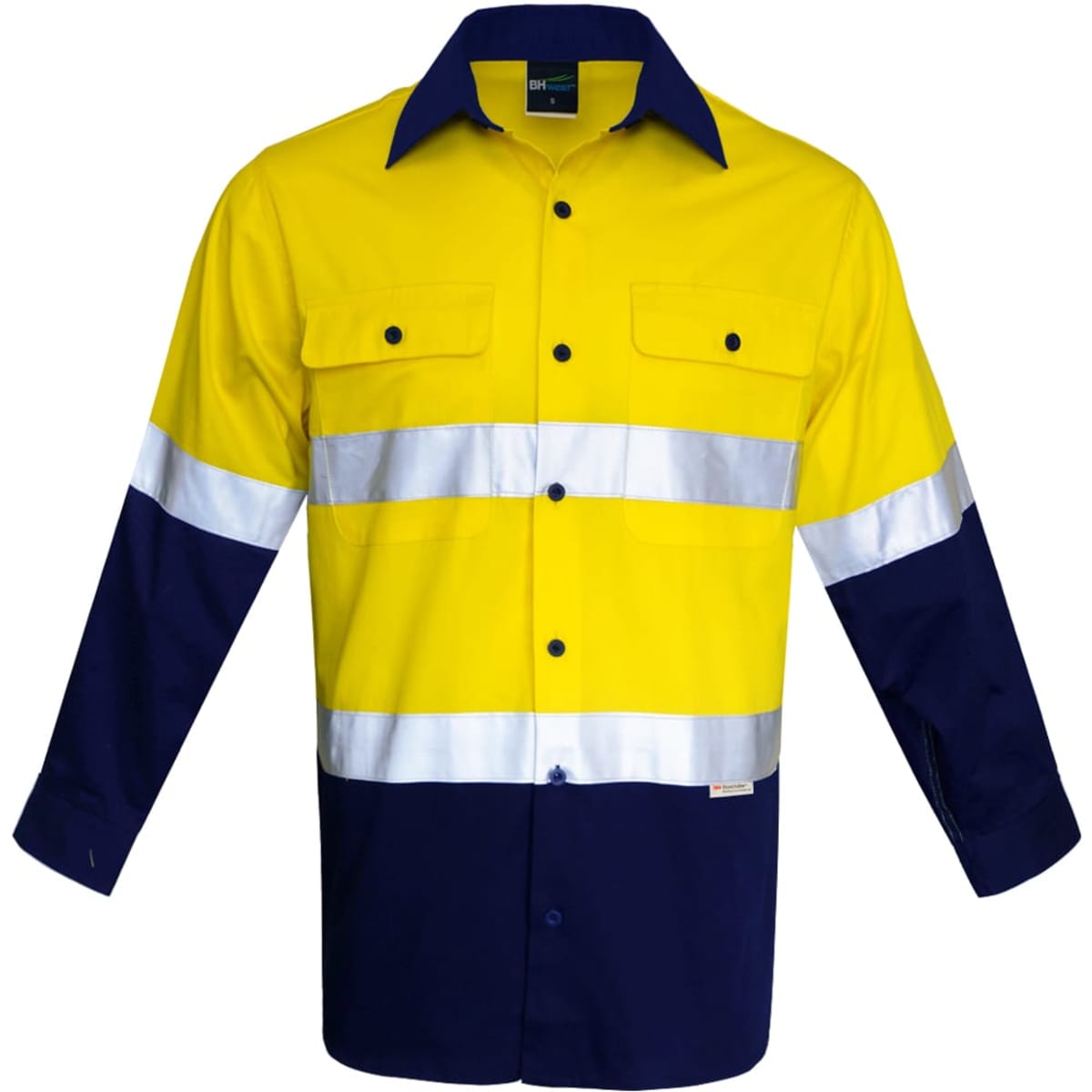A high-visibility work shirt featuring bright yellow and navy panels with reflective stripes. It includes two front pockets and a collar.