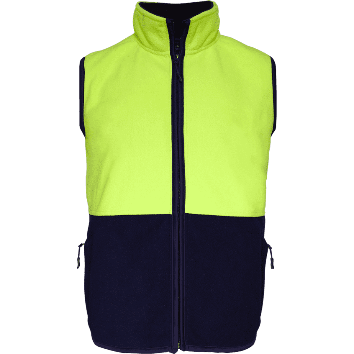 A high-visibility polar vest in bright yellow and navy blue, featuring a zip front and practical side pockets.