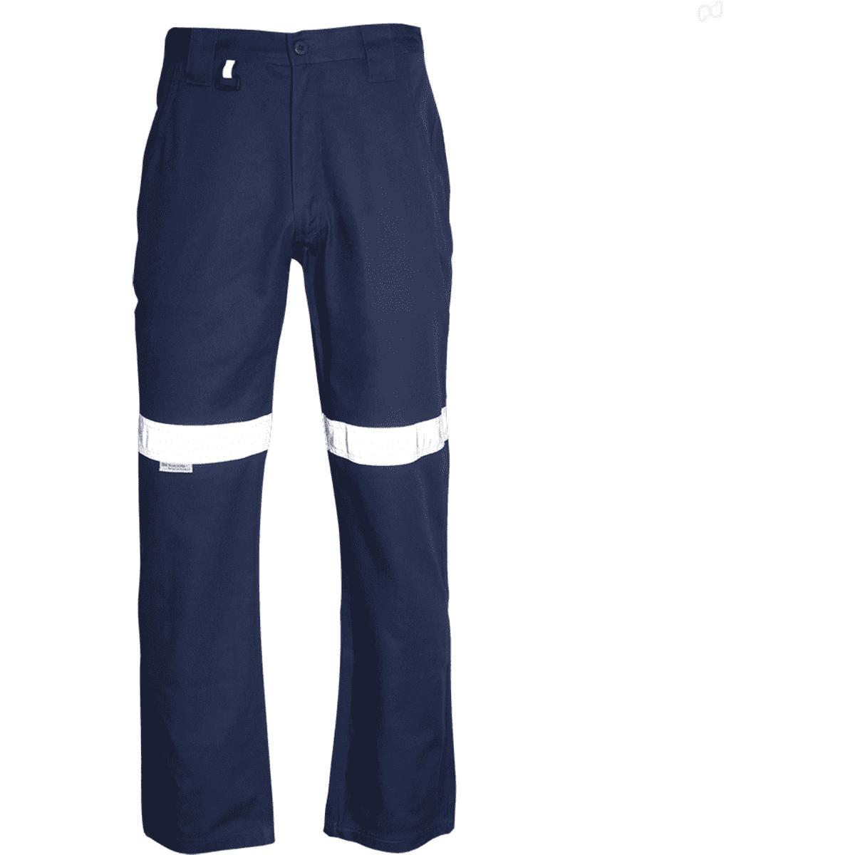 Work pants in navy blue with reflective stripes, featuring a logo on the waistband.