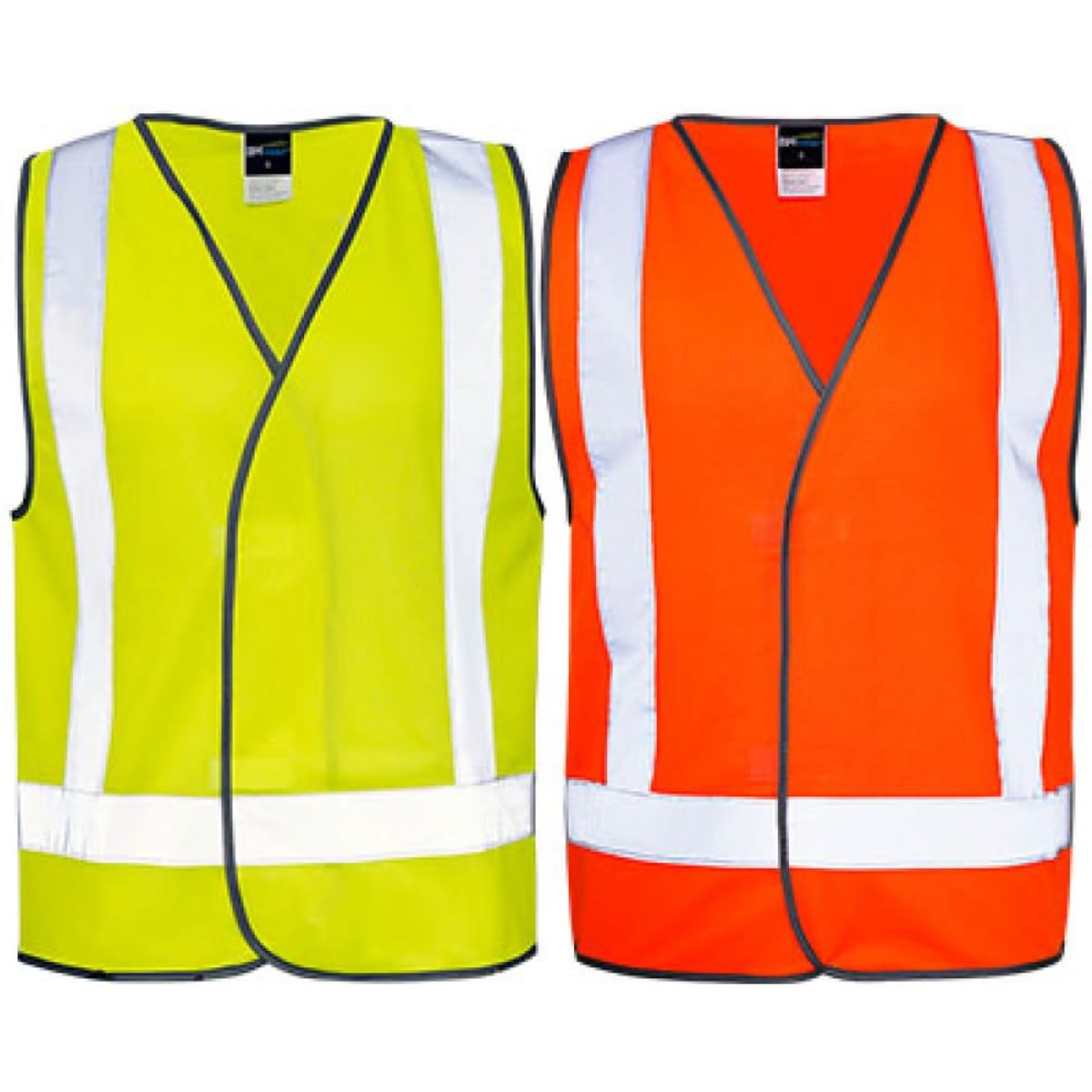 A Hi-Vis safety vest pair in bright yellow and orange with reflective strips, featuring branding on the inside.