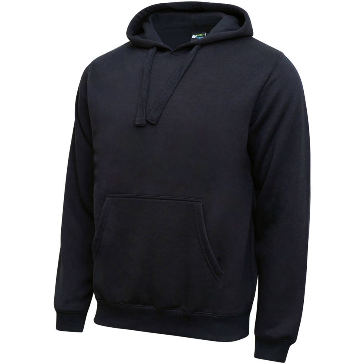 A black hoodie with a front pocket and a drawstring hood. It has a logo on the label.