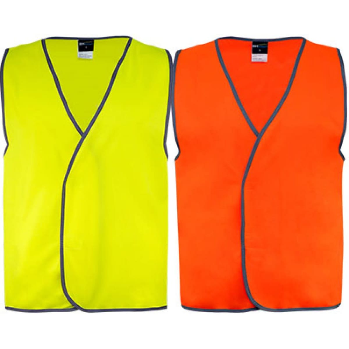 Two high-visibility safety vests in bright yellow and orange, each with contrasting trim and a simple design.