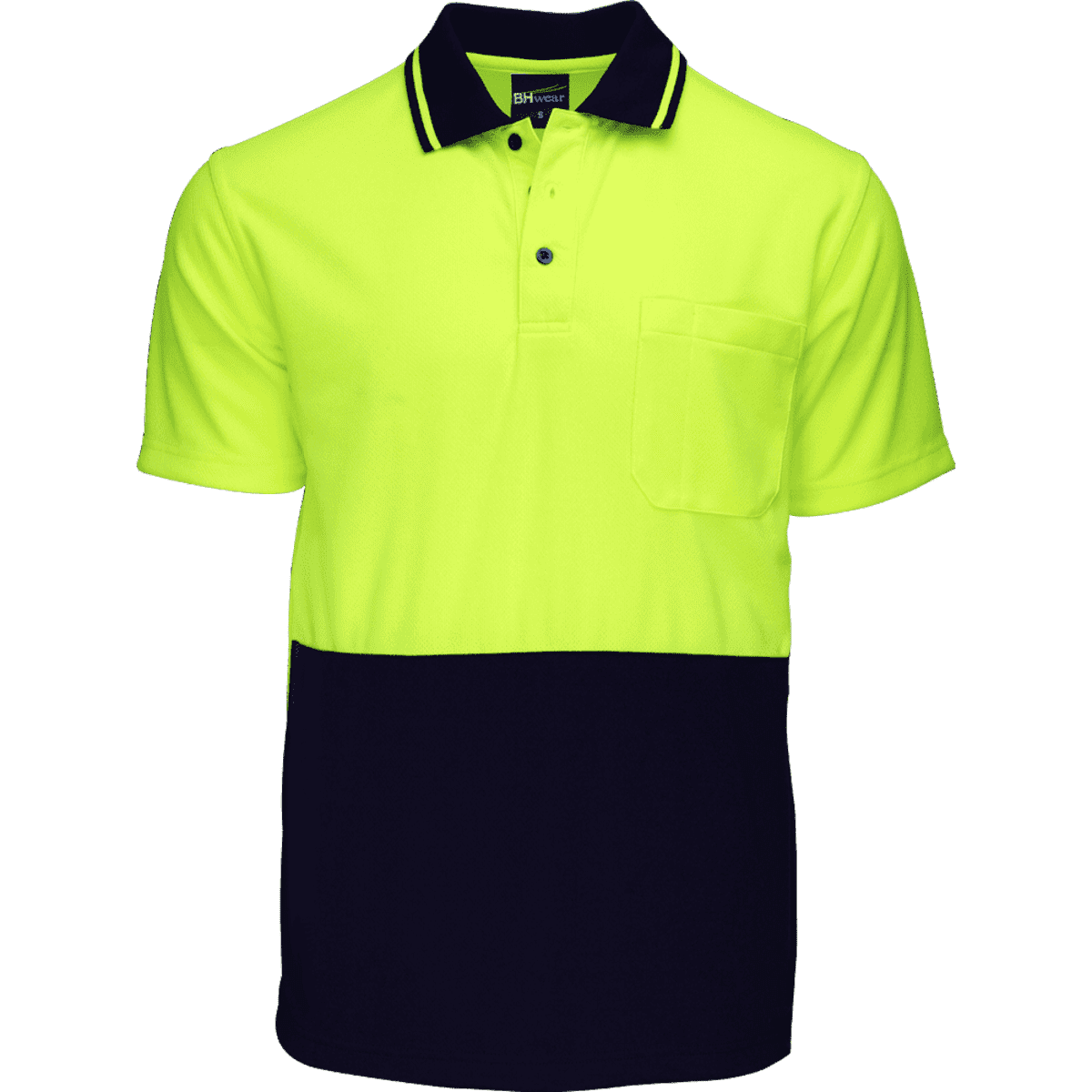 A hi-vis polo shirt in bright yellow with a navy blue lower section and a pocket, featuring a branded logo.