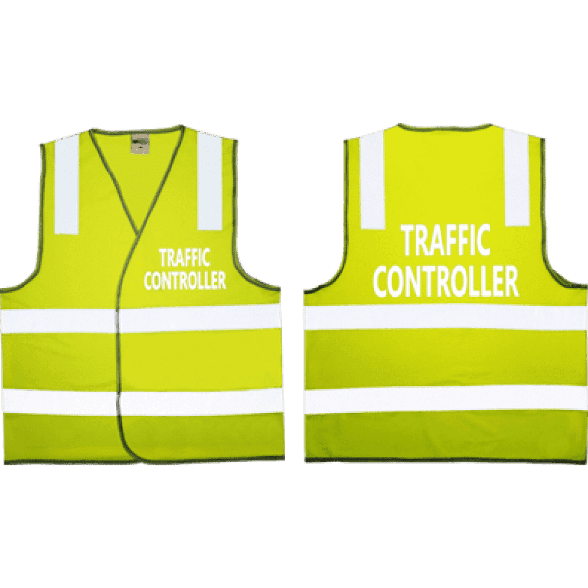 A traffic control safety vest in lime with reflective white stripes and a logo on the front and back.