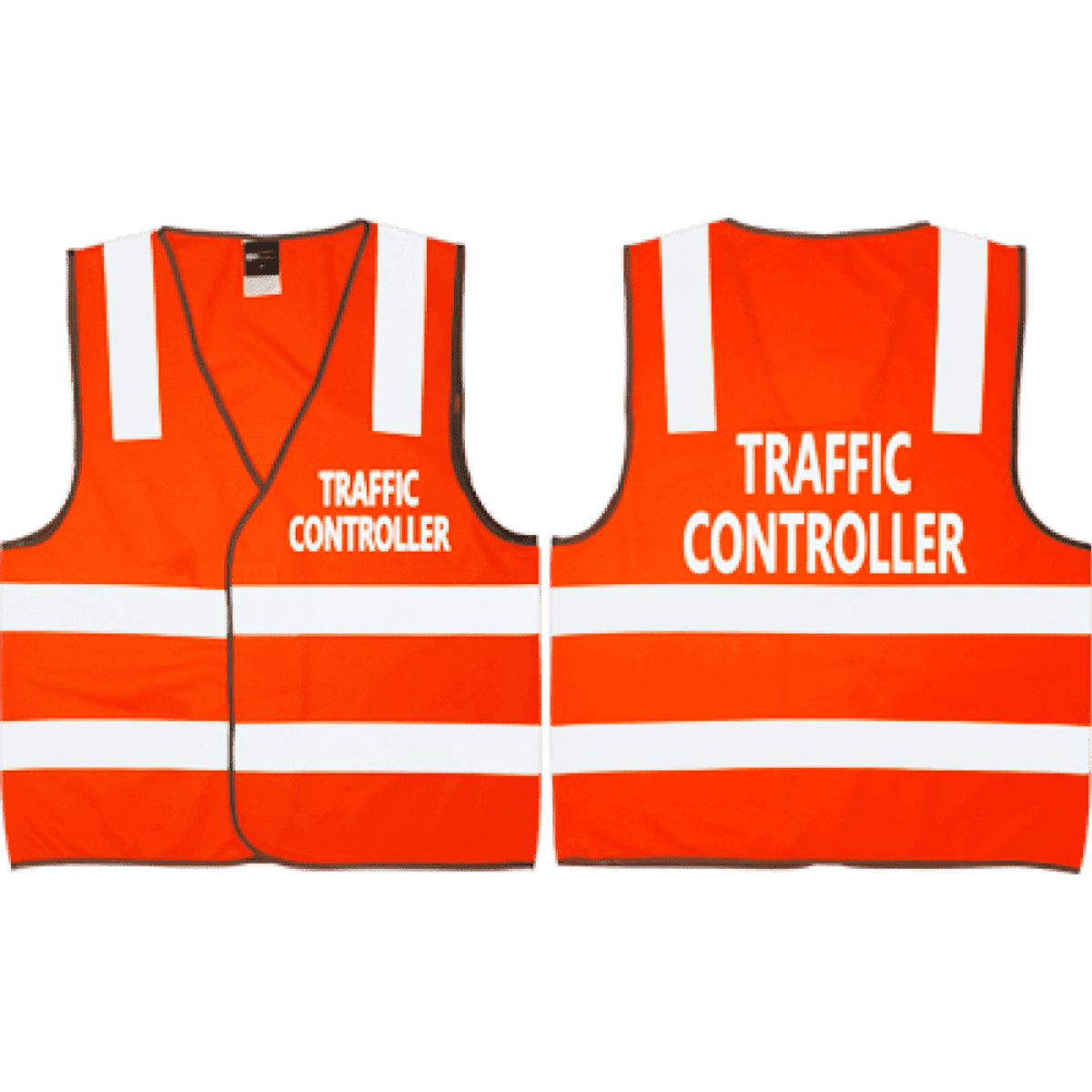 An orange traffic control safety vest featuring reflective stripes and a logo.