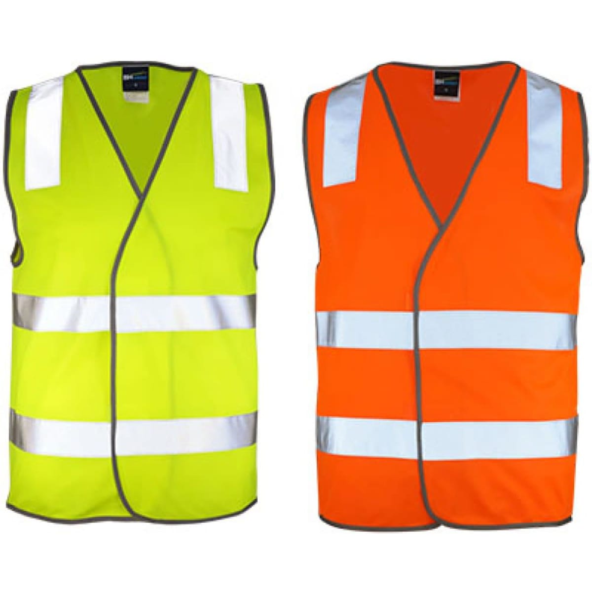 Two Hi-Vis safety vests in bright yellow and orange, featuring reflective strips and a logo.