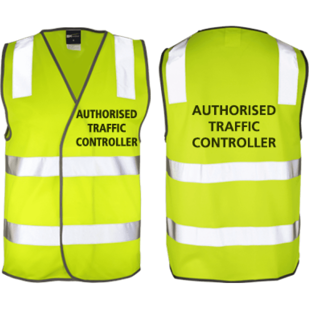 A high-visibility safety vest in lime with reflective stripes and branding on both sides.