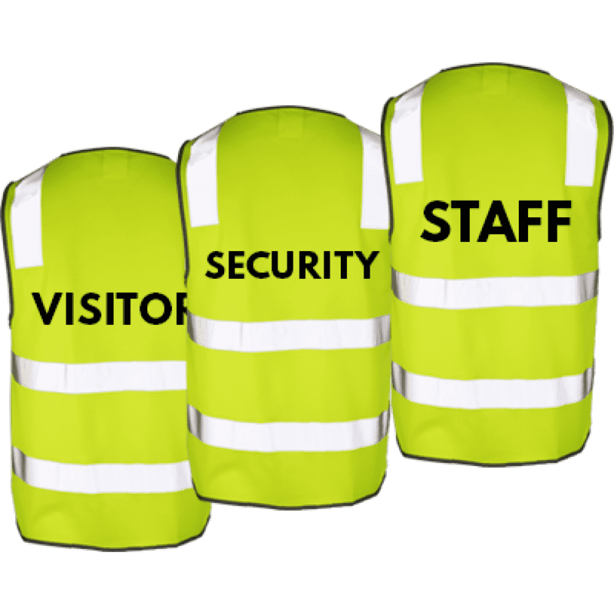 Lime Hi-Vis safety vests with reflective stripes, featuring the words "Visitor," "Security," and "Staff."