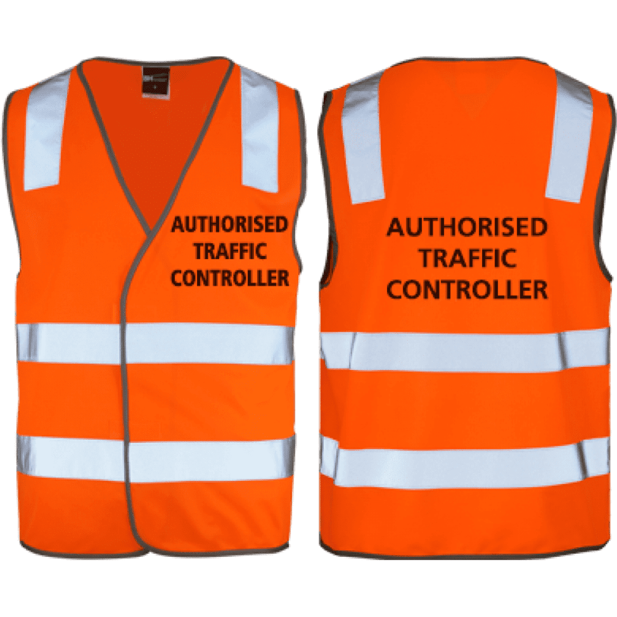 An orange hi-vis safety vest with reflective strips and branding on the front and back.