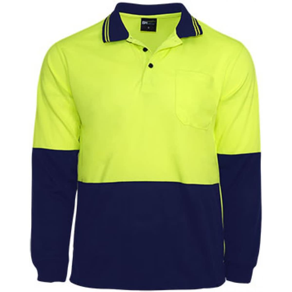 A Hi-Vis polo shirt featuring bright yellow and navy blue colours, with a pocket and a collar. It has a logo.