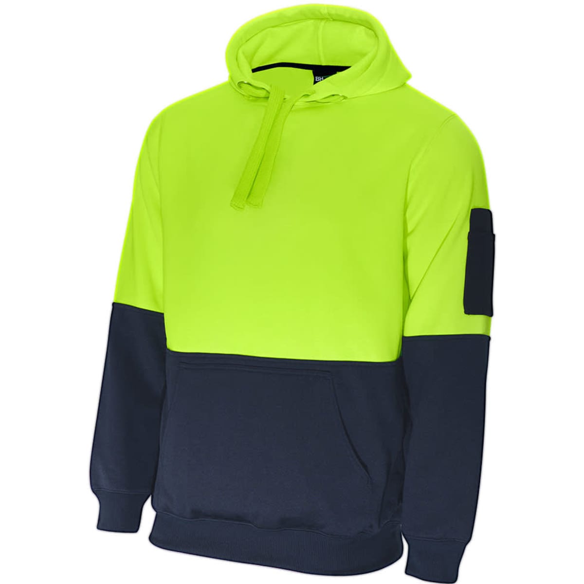 A hi-vis fleece hoodie in bright yellow with a navy blue lower section and a sleeve pocket. Features a hood and drawstring.