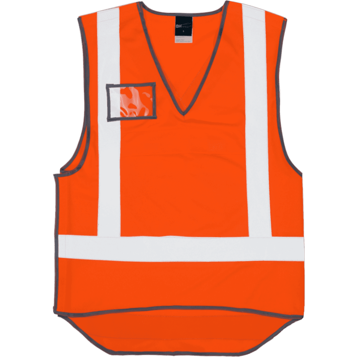 An orange pull-apart vest with reflective white stripes and a small pocket. The vest has a logo on the label.