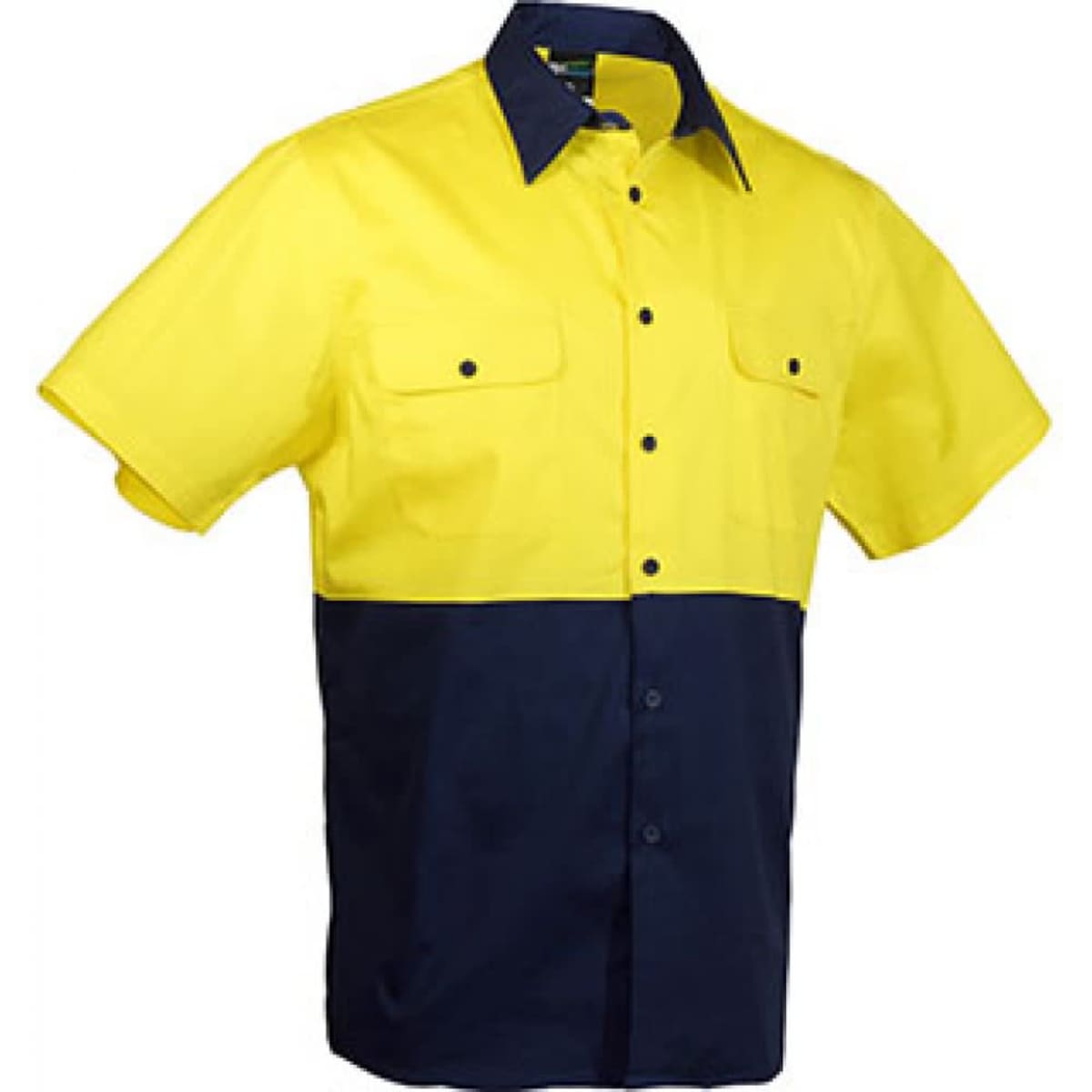 A short-sleeved, high-visibility shirt with a bright yellow upper half and a dark navy blue lower half, featuring a logo.