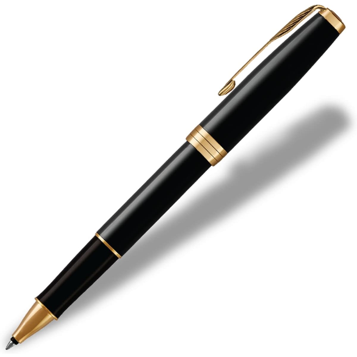 A black rollerball pen with gold accents and a branded clip, displaying a sleek and elegant design.