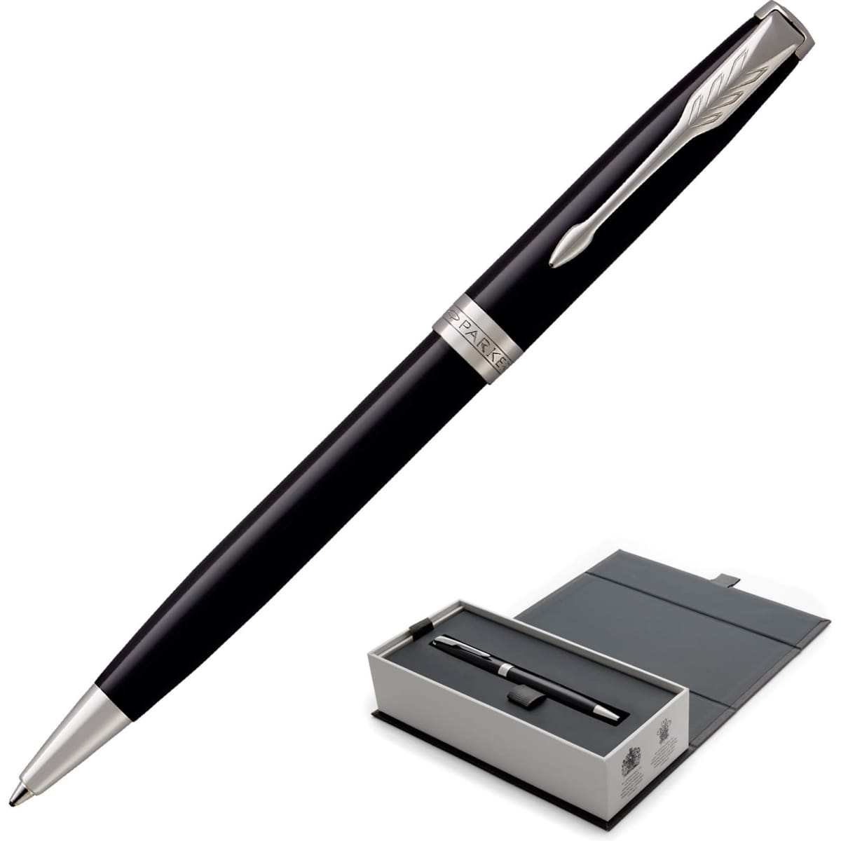 A metal ballpoint pen in lacquer black with silver accents, displayed in a gift box.