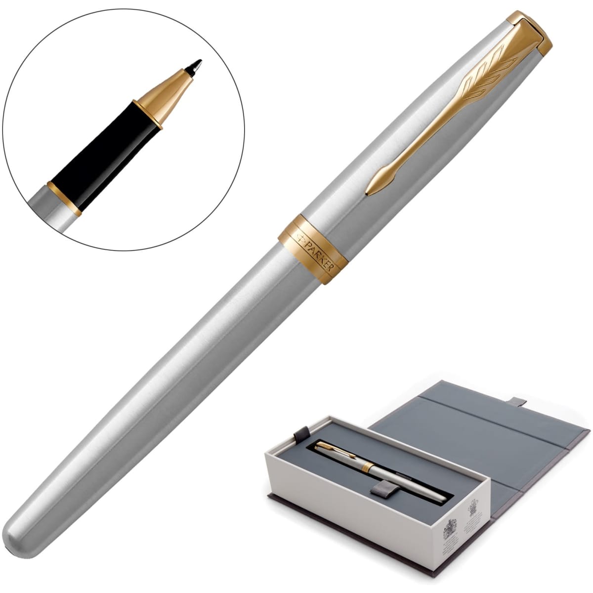 A metal rollerball pen featuring a brushed stainless body with gold accents, presented in a grey box.