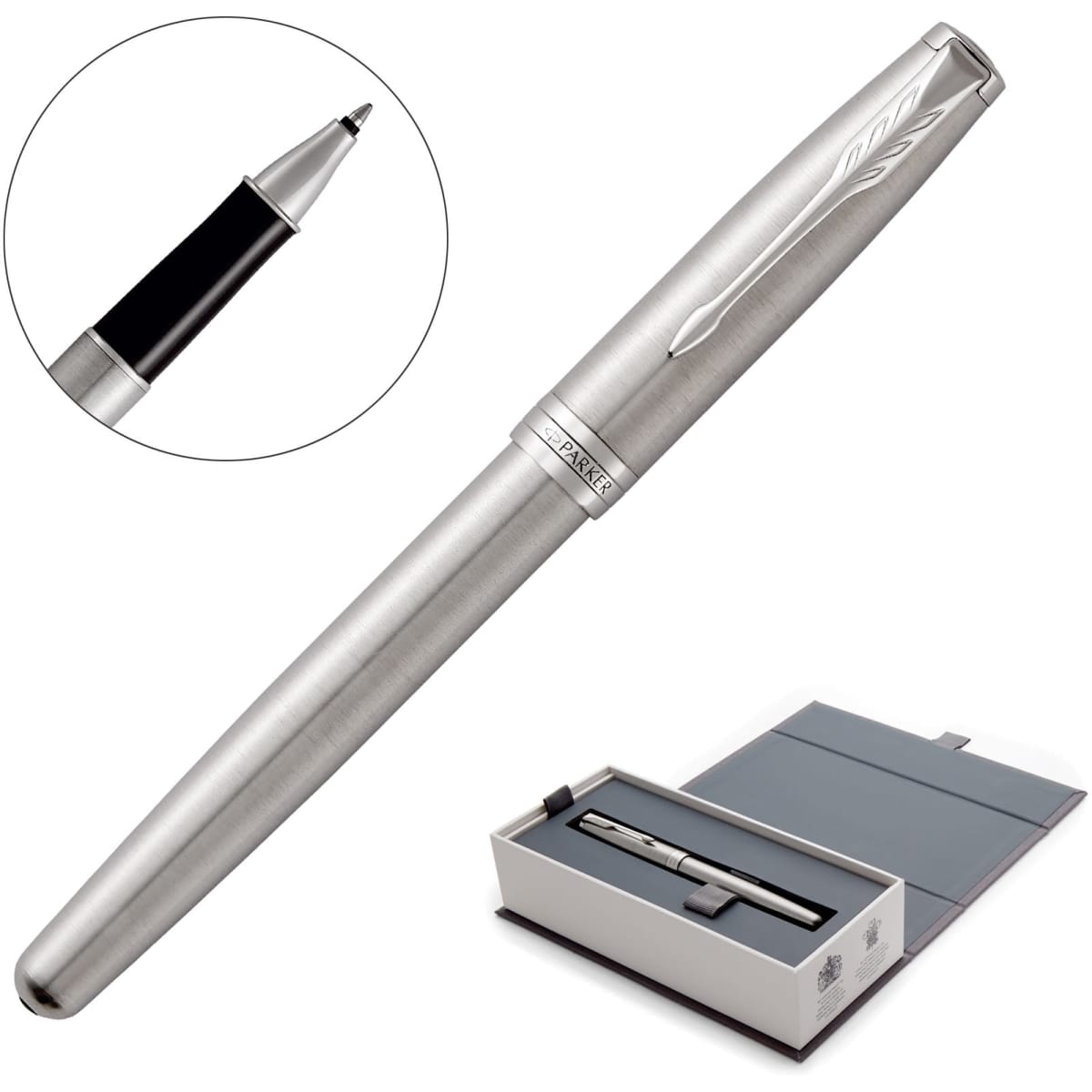 A metal rollerball pen in brushed stainless steel with a sleek design, displayed with a gift box.