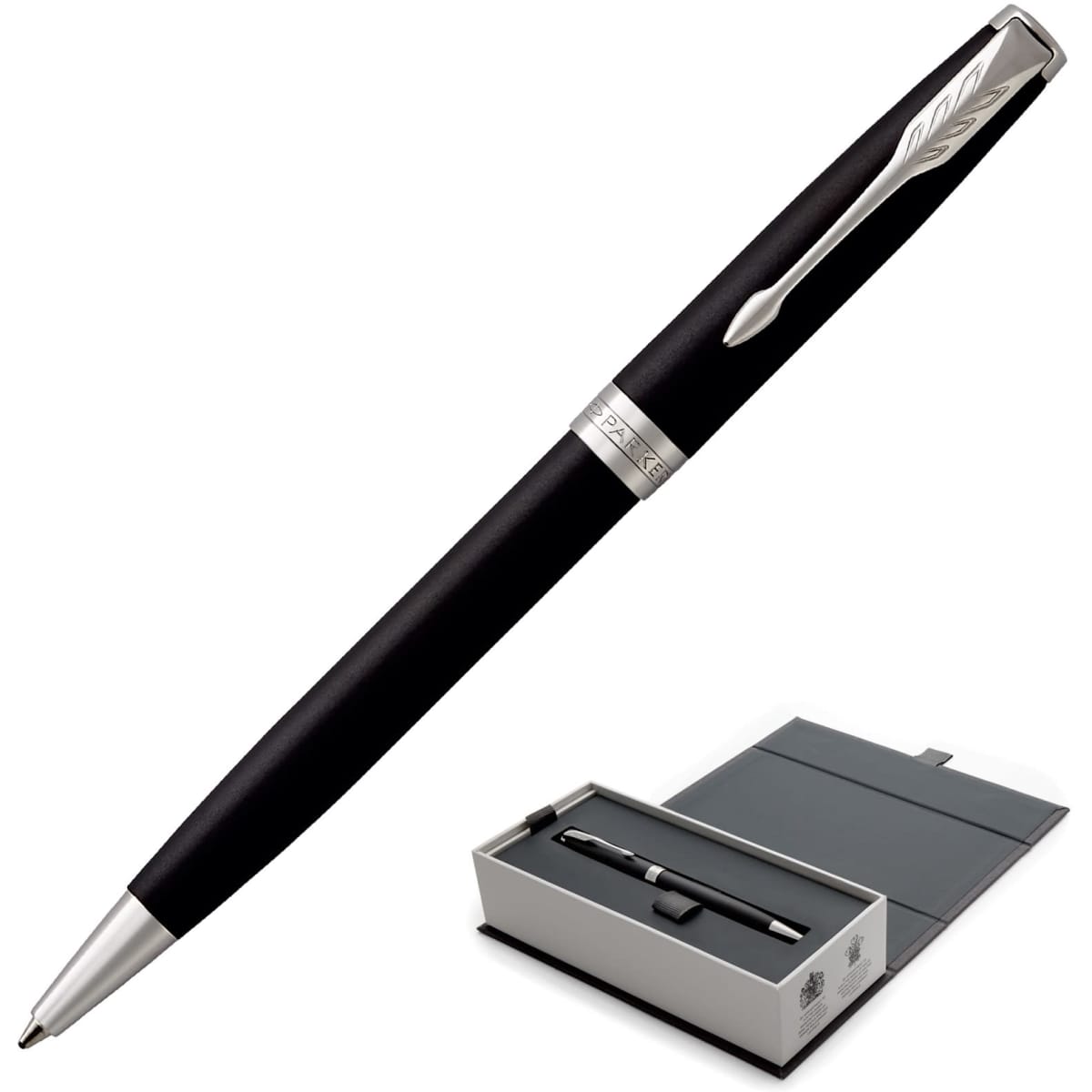 A metal ballpoint pen in matte black with a silver clip, displayed in a sleek box.