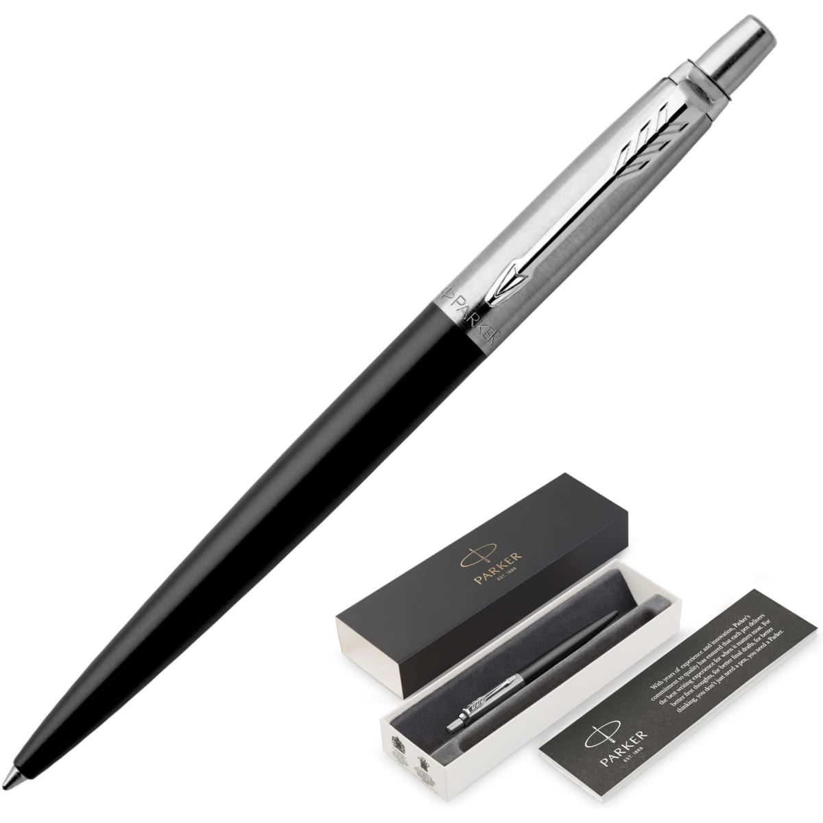 A black metal ballpoint pen with a silver clip, presented in a sleek black box.