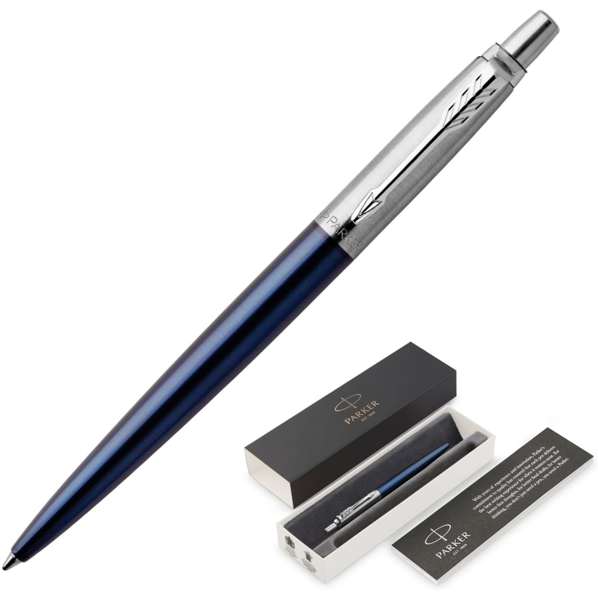 A ballpoint pen in royal blue with a silver clip, presented in a black box with a branding logo.