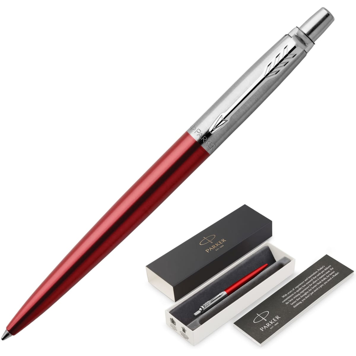 A metal ballpoint pen in Kensington Red with a silver detailed clip, presented in a black box with a branding logo.