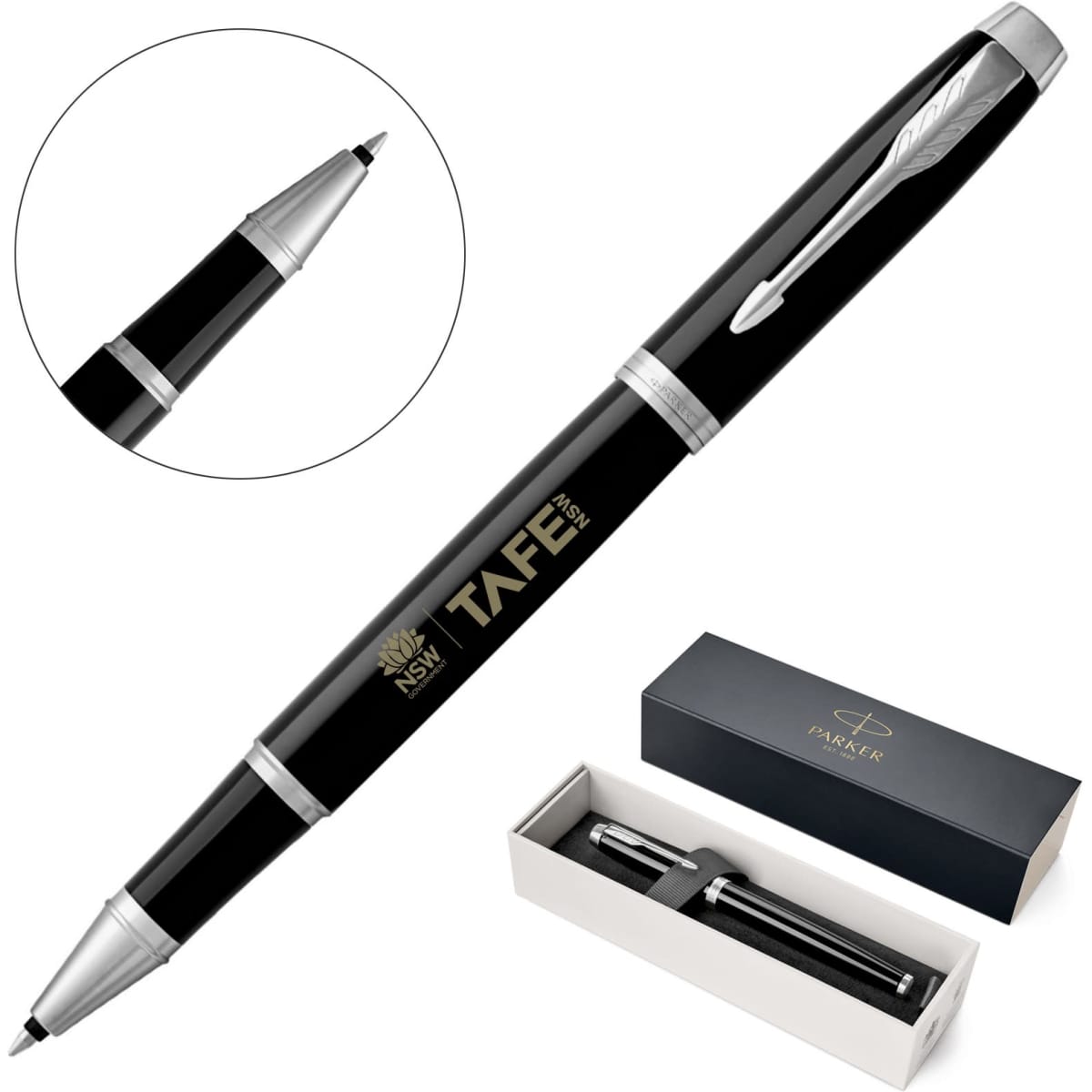 A sleek black rollerball pen with silver accents, presented in a box. It features a branded logo.