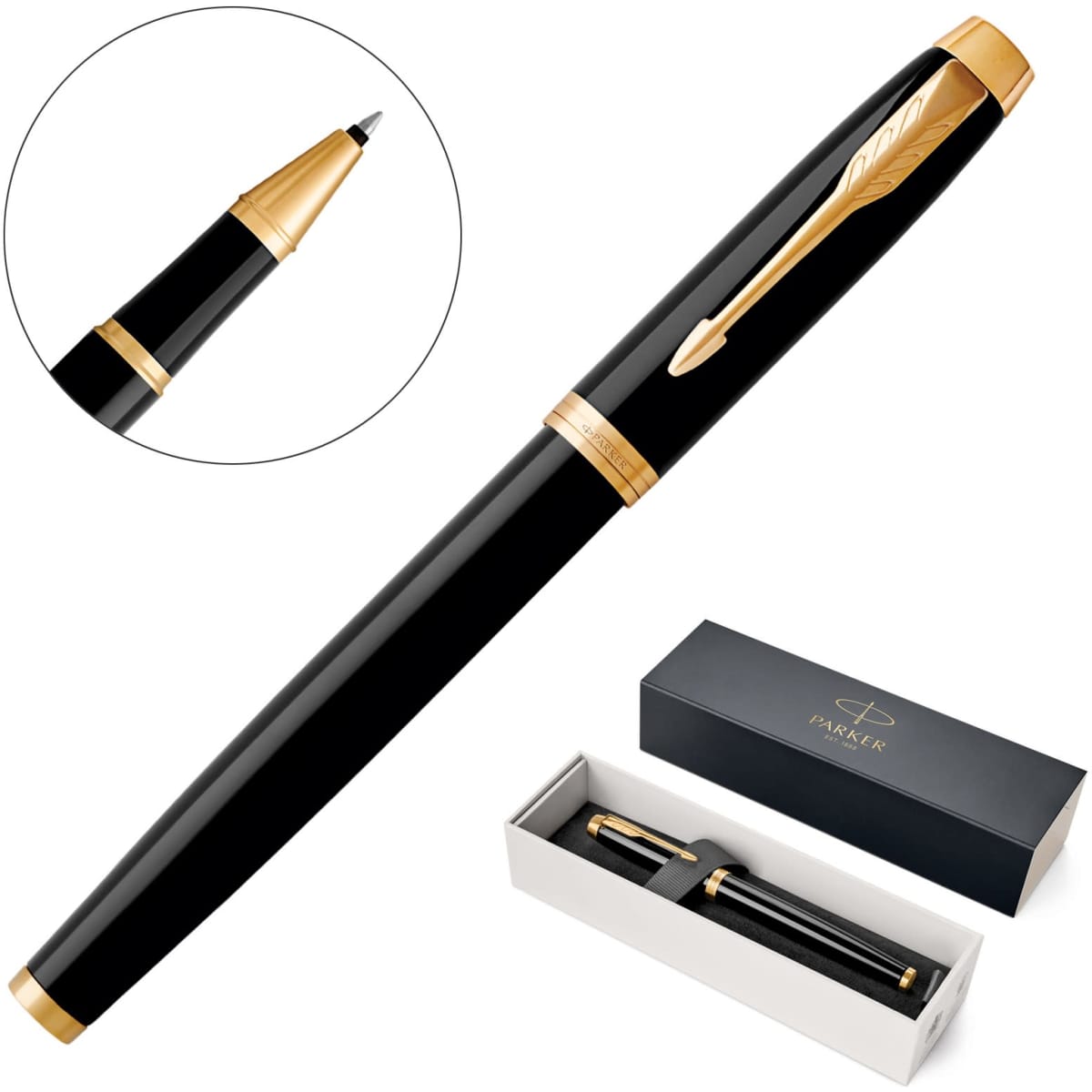 A metal rollerball pen in lacquer black with gold accents, displayed in a gift box. Features a branding logo.