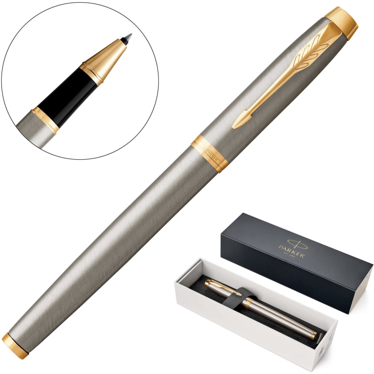 A metal rollerball pen in brushed stainless steel with gold accents, presented in a sleek black box.